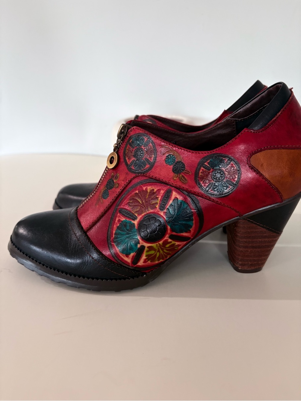 Women's Red Leather Floral Embellished Ankle Booties - Picture 9 of 13